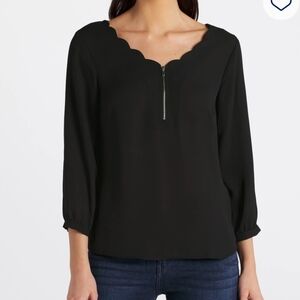 Fortune + Ivy Fia Black 3/4 Sleeve Scallop Neck Blouse
